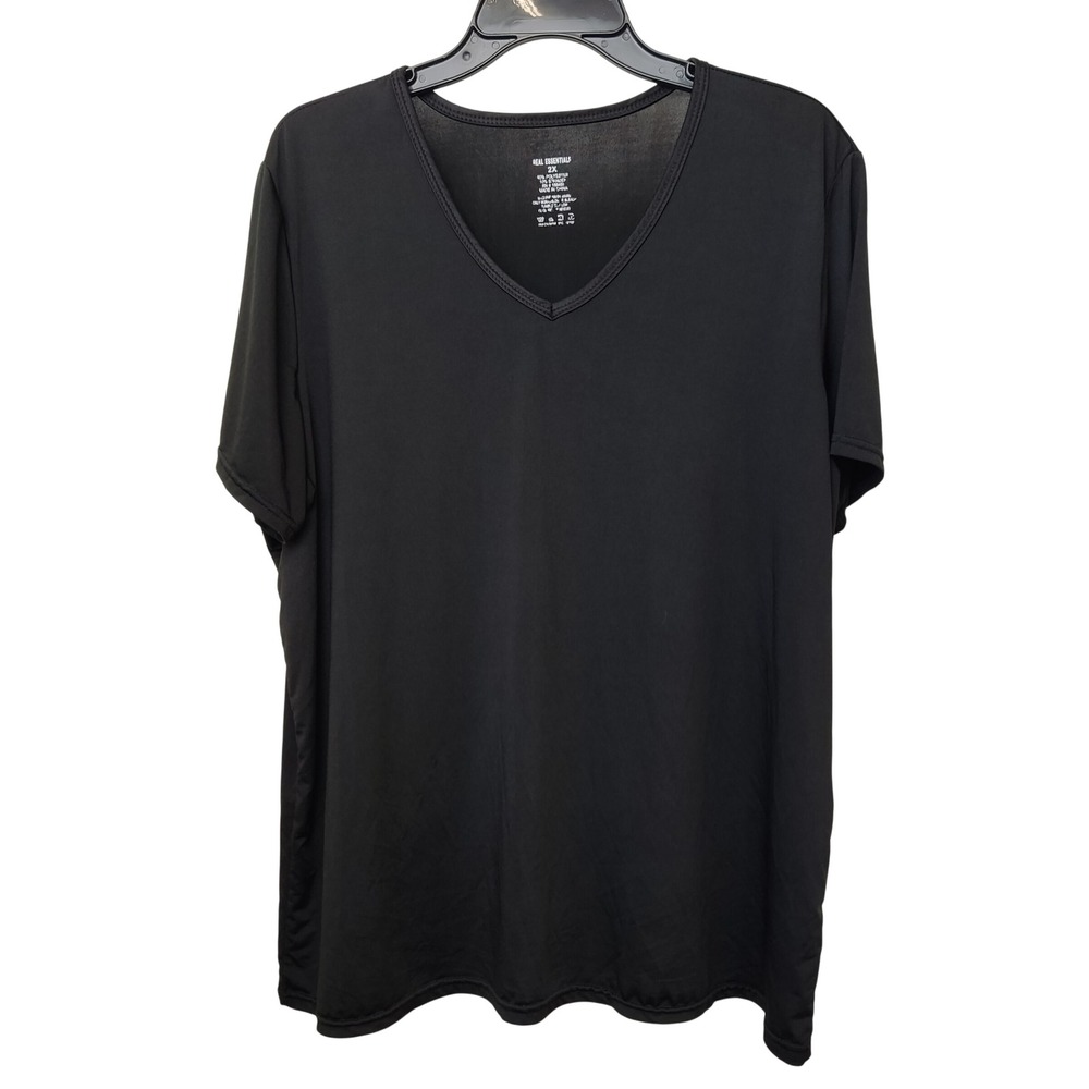 Real Essentials T-Shirt Women 2X Black V-Neck Short Sleeve Activewear